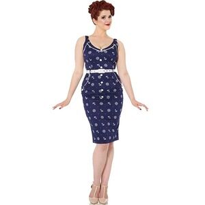 VOODOO VIXEN Nautical Anchor Wheel Print Navy Blue Pinup Pencil Dress S retro